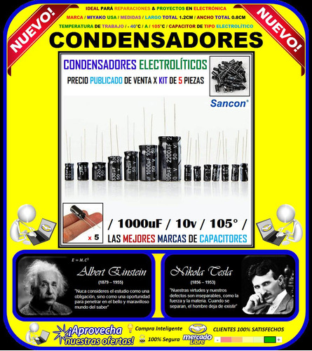 Capacitores Condensadores 1000uf, 10v, 105ºc, Kit 5 Piezas