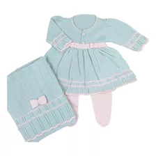 Saída Maternidade Menina Tricot Vestido Laço 3 Peças