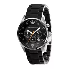 Reloj De Pulsera Emporio Armani Ar5858 De Cuerpo Color Plateado, Analógico, Para Hombre, Fondo Negro, Con Correa De Acero Inoxidable Color Negro, Agujas Color Blanco Y Naranja, Dial Blanco, Subesferas