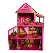 Casinha Boneca Barbie Casa Rosa 30 Móveis Adesivada Mdf