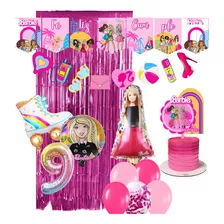 Set Globos Barbie Banderín Látex Cortina Feliz Cumple 