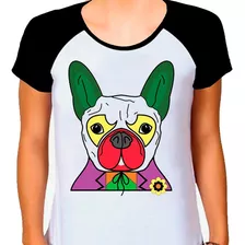 Camiseta Raglan Buldog Francês Cachorro Pet Dog Branca Fem03
