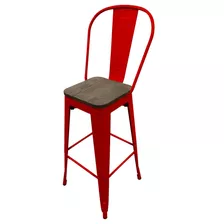 Pack 4 Pisos Tolix Rojo Asiento Madera, Bar, Taburete