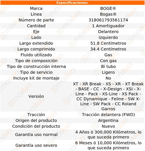 (1) Amortiguador Gas Izq Del 307 L4 2.0l 03/10 Boge Bogas Foto 2