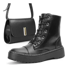 Bota Feminina Coturno Blogueira Couro Confort C/ Bolsa Ombro