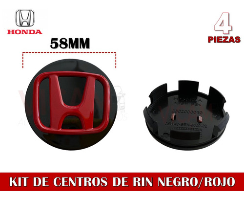 4 Centros De Rin Honda Fit Negro/logo Rojo 58 Mm Foto 3