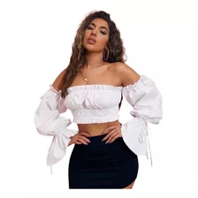 Blusa Crop Top Campesina Manga Larga Con Volanes Para Dama