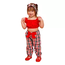 Conjunto Calça E Cropped Junino Infantil + Laço Temático