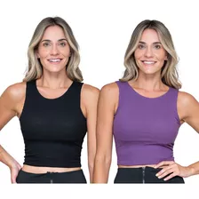 Kit 2 Blusa Cropped Regata Blusinha Canelada Feminina Basica