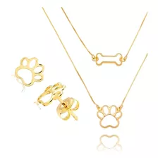 Kit Colar E Brinco Feminino Patinha De Cachorro Banhado Ouro