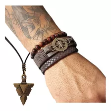 Colar Masculino Cordão Duplo + Pulseiras Masculinas Bússola