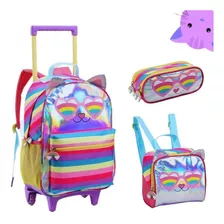 Kit Mochila Rodinhas C/ Estojo Lancheira Escolar Menina