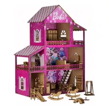 Casinha Boneca Barbie Casa Rosa 37 Móveis Adesivada Mdf