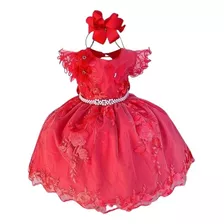 Vestido Infantil Super Luxo Vermelho Flores Renda