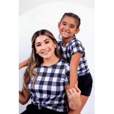 Kit Mãe E Filha Camisa Camiseta Xadrez Branco E Preto