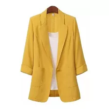 Blazer Elegante De Cor Sólida Com Decote Em V E Manga 3/4