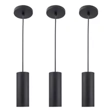 Kit 3 Pendente Tubo Palito Moderno E27 20cm - Preto