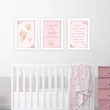 Quadros Borboleta Rosa 3 Peças Com Moldura Quarto Decoração