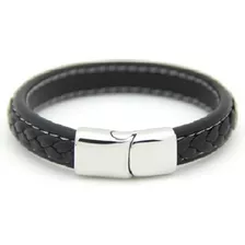 Pulsera Cuero Negra Con Pespunte Broche Magnético