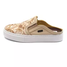 Slip On Feminino Mule Em Couro Com Tecido Floral Shoes Grand