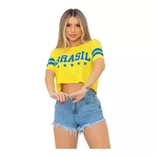 Cropped Top Blusa Feminina Manga Brasil Blogueira Copa