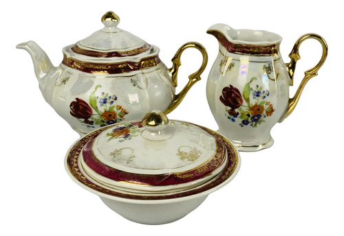 Jogo De Chá Porcelana Mauá Floral Dourado Vintage 3 Peças Bege Florido