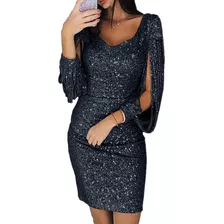 Casual Mulheres Roupas Slim Manga Longa Vestido Brilhante Cu