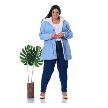 Casaco Jeans Forrado Parka Pelúcia Feminina Plus Size