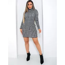 Vestido Xadrez Pied Di Poule Manga Longa Canelado Premium