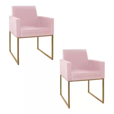 Kit 02 Poltronas Bellinha Base Ferro Dourado Suede Rosa Bebê