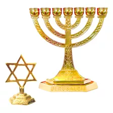 Kit Candelabro Menorah 7 Velas Jerusalém + Estrela De Davi