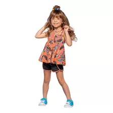 Conjunto Infantil Menina Blusa Camiseta Short Laranja Neon 