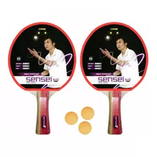 Set Ping Pong Sensei® 2 Paletas + 3 Pelotas - 2* Goma Lisa Color Rojo Tipo De Mango Fl (cóncavo)