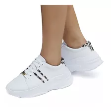 Tenis Feminino Branco Chunky Plataforma Detalhe Oncinha Novo