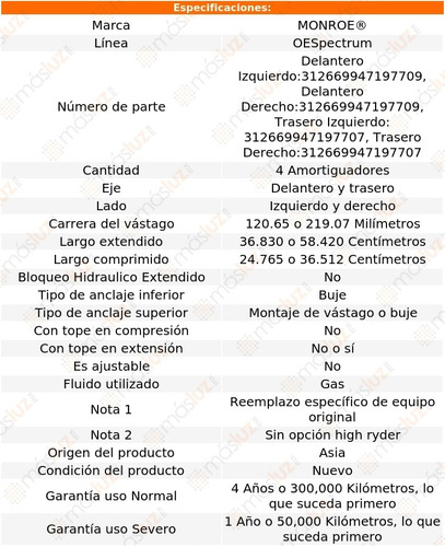 Kit 4 Amortiguadores Gas Oespectrum Ranger Ford 90/97 Monroe Foto 3