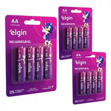 12 Pilhas Baterias Aa 2700mah Elgin Recarregável 3 Cartelas