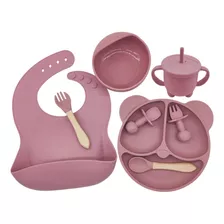 Set Alimentación Bebe Vajilla Silicona Comida Bpa Free Color Rosa Una Ganga