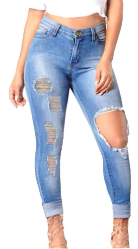 Calça Jeans Feminina Azul Claro Cintura Alta Rasgada Dins
