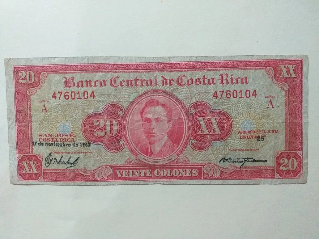 Billete 20 Colones Costa Rica, Año 1962, Muy Buen Estado.