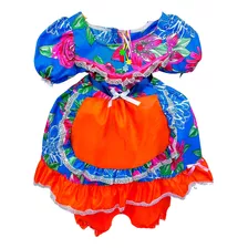 Vestido Junino Zaza Azul E Avental Laranja Estampa 2