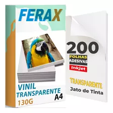 Adesivo Vinil Transparente 100%, Jato Tinta A4 - 200 Folhas