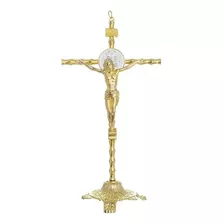 Crucifixo De Mesa E Parede Em Metal Dourado 30cm