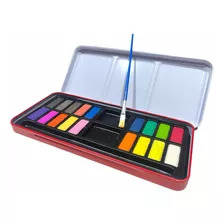 Kit De Pintura Acuarela Solida 18 Colores+ Pincel Caja Metal