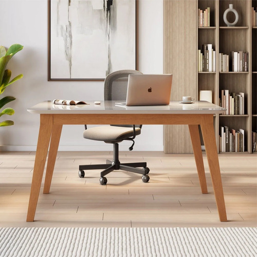 Escrivaninha Mesa Escritório Tampo Com Vidro Elegance Wt Cinamomo/off White