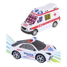 Kit 2 Carrinho Polícia + Ambulância Bate Volta Luz 3d E Som