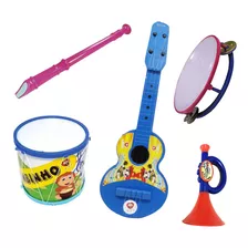 Kit Musical Pandeiro Flauta Corneta Violão Bumbinho Infantil