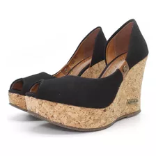 Sandalia Peep Toe Confortavel Barth Shoes Noite Cortiça Lona