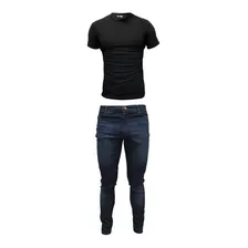 Pantalón Jean Azul Elastizado Hombre Con Remera Algodón Lisa