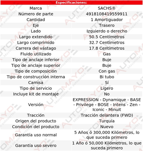 1 - Amortiguador Gas Tras Izq/der Sachs Koleos L4 2.5l 09-21 Foto 2