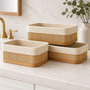 Kit 3 Cestos Organizadores Bambu Multiuso Lyor Com Forro Retangular Cozinha Banheiro Cestinhos Lhp Bege